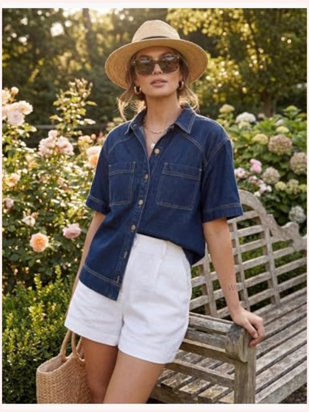 Short Sleeve Denim Button Down Shirt Relaxed Fit Casual Summer Top - Picture 5 of 7